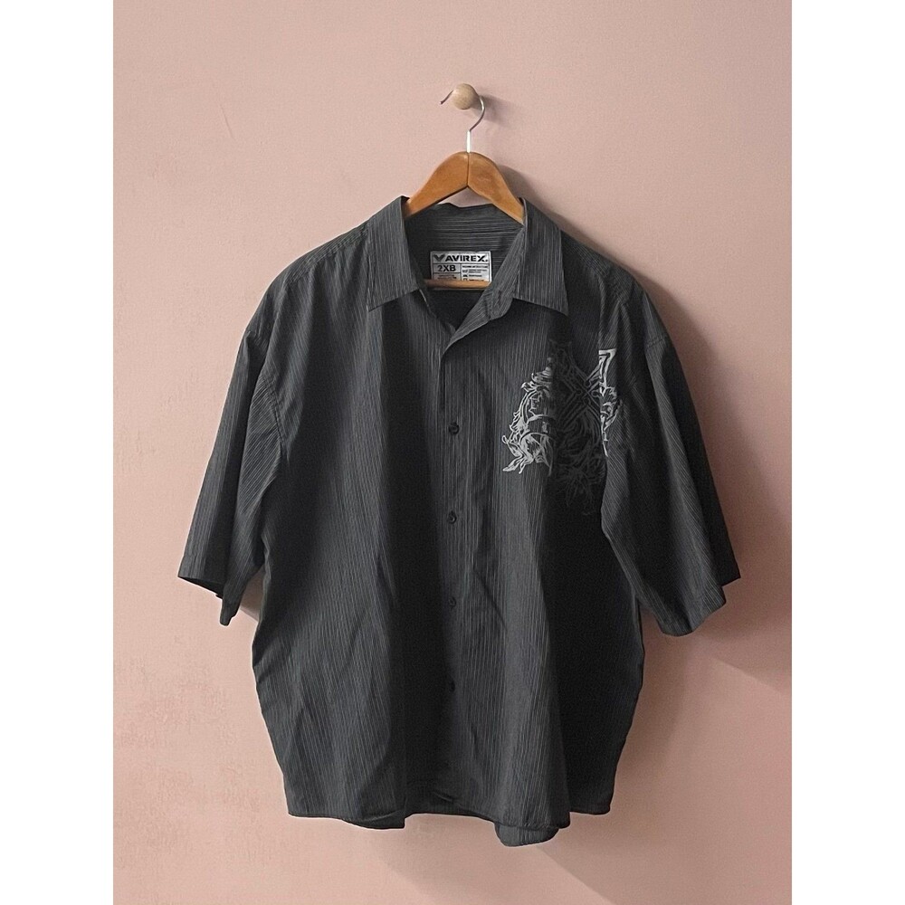 Avirex Y2K Edgy Black Striped “Live Free” Cross Graphic Button Up Shirt Sz 2X